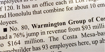 Warmington Recognized as One of OC's Biggest Companies, Profiled for Big Revenue Strategy